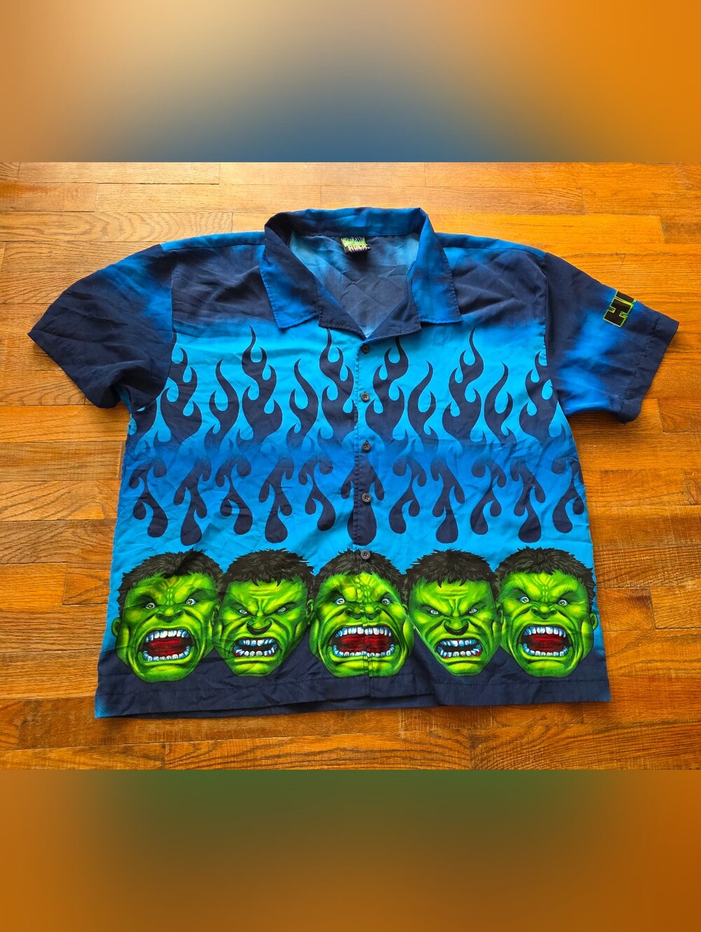 Marvel Blue and Green Hulk Flame Button-Down Shirt
